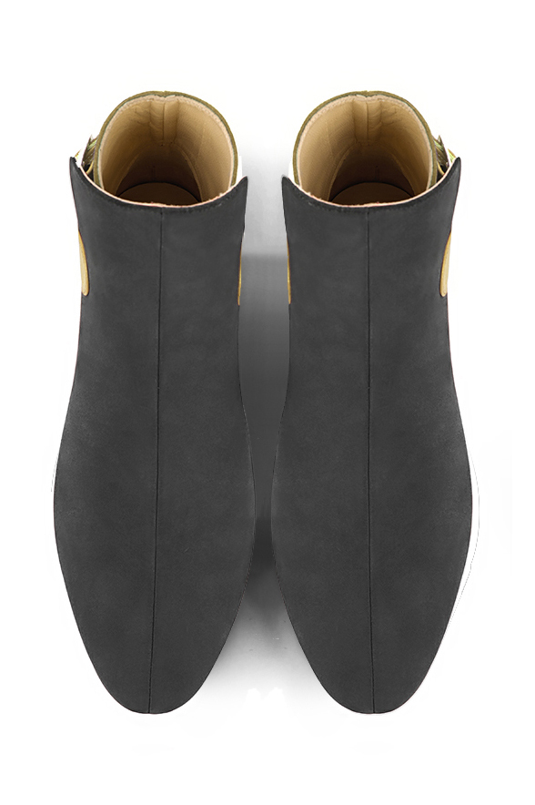 Dark grey and mustard yellow women's ankle boots with buckles at the back. Round toe. Flat block heels. Top view - Florence KOOIJMAN